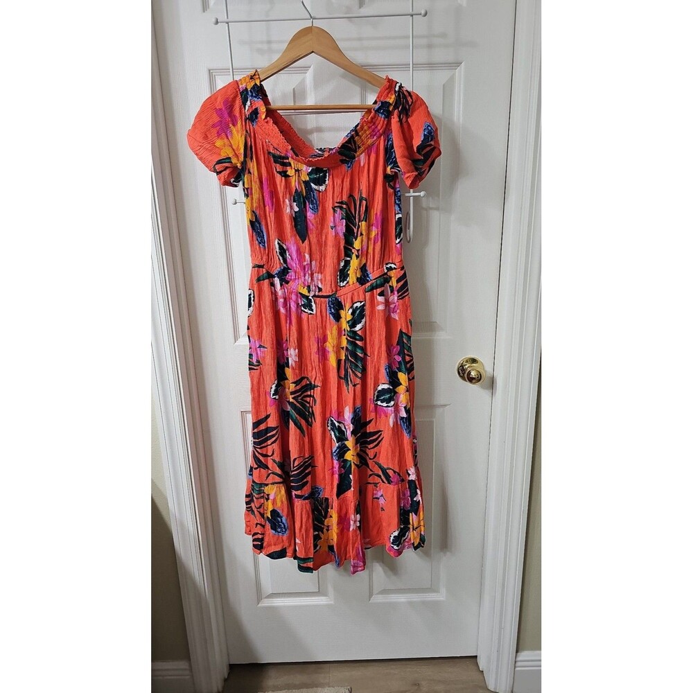 Old Navy Floral Off-The-Shoulder Tropical Midi Dress Orange Size L